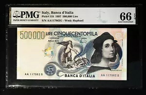 [AA プレフィックス] イタリア 500000 リラ 1997 P118 PMG 66 ジェム UNC EPQ ファーストラン 希少