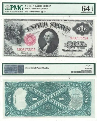 1917 年 $1 法定通貨札 F-39 PMG Ch Unc-64 EPQ