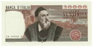 20000 リラ BANCA D'ITALIA TIZIANO 1975/02/21 qFDS
