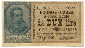 2 リラ BUONO DI CASSA EFIGE UMBERTO I 22/02/1894 BB