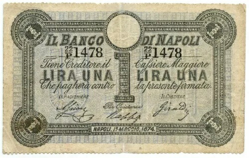 1 リラ ナポリ銀行 フェデ ディ クレジット 5° TIPO 01/05/1874 BB