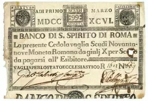 紙幣 99 SCUDI CEDOLA BANCO DI SANTO SPIRITO DI ROMA 01/03/1798 MB/BB
