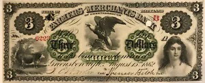 1862 年 メリーランド州グリーンズボロ ファーマーズ & マーチャンツ銀行 $3 廃止 AU+