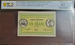コートジボワール 1 フラン 1917 P#2a PCGS CHOICE UNC 63