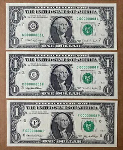 連邦準備銀行 3 個セット 1 ドル 1988-2006 マッチング ロー シリアル 00000808 UNC