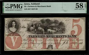 1857-59 $5 廃止 - アイオワ州アッシュランド - ファーマーズ & マーチャンツ バンク - PMG 58 EPQ