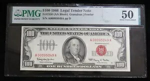 1966 年 $100 米国レッドシール紙幣 FR#1550 PMG AU 50