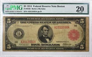 1914 年連邦準備銀行紙幣ボストン Fr. 8320億 $5 - PMG 20 -
