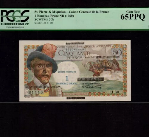 サンピエール＆ミクロン 1 ヌーボー フラン、50 フラン 1960 P-30b * PCGS Unc 65 *
