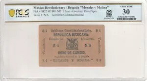メキシコ牧師 / 旅団「モラレス・イ・モリーナ」 P#S822 M1889 ND 1 ペソ PCGS VF30