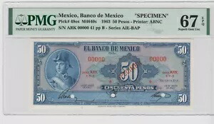 メキシコ PMG 67 EPQ 。メキシコ銀行 50 ペソ 1963 サンプル P#49os トップ ポップ