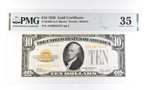 1928 $10 ゴールド証明書 Fr#2400 35 チョイス VF PMG *0954