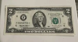 2 ドル紙幣 - リザーブ紙幣 1995 レア シリーズ F - シリアル番号 F00046758*