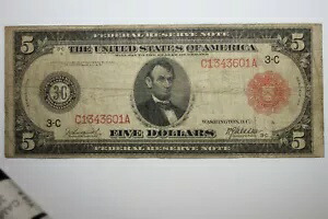 1914 年大型銀連邦準備銀行レッドシール紙幣格付け Fine+ (JENA265)