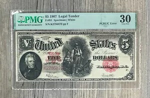 1907 $5 法定入札ウッドチョッパー、FR# 91、PCBLIC エラー、PMG VF 30