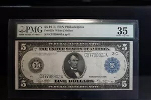 $5 1914 グレード 35 チョイス フィラデルフィア FRN#855B ホワイト\メロン シリアル C97798802A