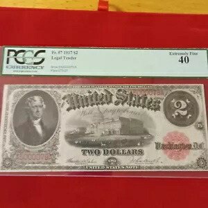 1917 年 $2 法定通貨 Fr57。シリアル番号A6000079A PCGS 40。非常に細かい
