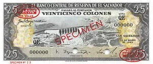 エルサルバドル 25 コロネス 1963 年 3 月 12 日 シリーズ QE 標本未流通紙幣