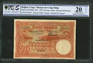 ベルギー コンゴ 20 フラン 1942 ピック # 15B PCGS 20 非常に上質です。