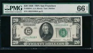 AC NUMERICAL 1928 $20 サンフランシスコ PMG 66 EPQ ゴールド条項 Fr 2050-L
