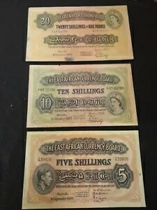 3 東アフリカ通貨ボード $20、1955 $10、1955 $5 1950 シリングのロット