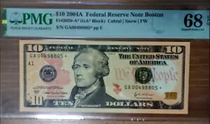 米国、2004A、連邦準備銀行ボストン、$10、スター、PMG 68 EPQ、Fr#2039-A*、トップ ポップ