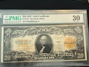FR#1187 スピールマン 1922 $20 ゴールド証明書 PMG 30