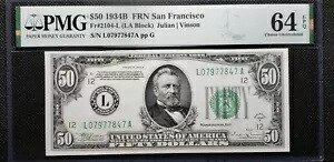 Fr#2104-L 1934B $50 FRN サンフランシスコ ジュリアンビンソン (SN:L07977847A) PMG CUNC 64