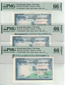 フランス インドシナ ロット 3 ノート x 1 PIASTRES 1954 ピック番号 105 PMG: 66 EPQ。 #PL1302