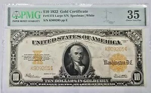 1922 $10 ゴールド証明書 PMG 35 EPQ ラージ ロー S/N Fr1173 ホワイト チョイス 非常に上質