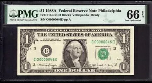 1988 1 ドル紙幣 フィラデルフィア ロー シリアル C00000046 PMG GEM UNC 66 EPQ