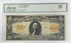 シリーズ 1922 $20 ゴールド証明書 スピールマン/ホワイト FR# 1187 レガシー VF 25