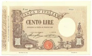 100 リラ BARBETTI GRANDE B MATRICE LATERALE TESTINA DECRETO 18/12/1925 qSPL