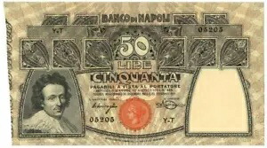 50 リラ BANCO DI NAPOLI BIGLIETTO AL PORTATORE 1911/02/23 SPL+