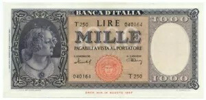 1000 リラ イタリア オルナータ ディ ペルレ メデューサ 1949 年 2 月 11 日 SUP+