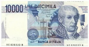 10000 リラ ERRORE DI STAMPA DECENTRATA ALESSANDRO VOLTA LETTERA C 12/01/1988 SUP