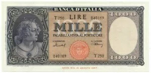 1000 リラ イタリア オルナータ ディ ペルレ メデューサ 1949 年 2 月 11 日 SUP+