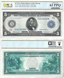 1914 年 $5 連邦準備銀行券 F-870 PCGS Ch New-63 PPQ