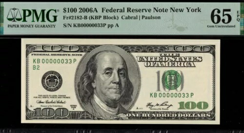 紙幣 2006A $100.00 FRN KB00000033P PMG #65EPQ