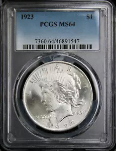 1923-P ピース シルバー ダラー - PCGS MS64 - GEM に近いブライト ブラスト ホワイト