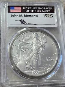 2001 $1 シルバー イーグル PCGS 宝石 未流通 ジョン メルカンティ サイン入り フラッグ ラベル