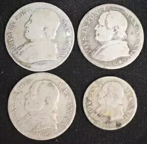 バチカン市国のリラ銀貨 4 枚、ソルディ 10 枚、バイオッキ 20 枚のロット (1866 ～ 1869 年)。ピウス9世