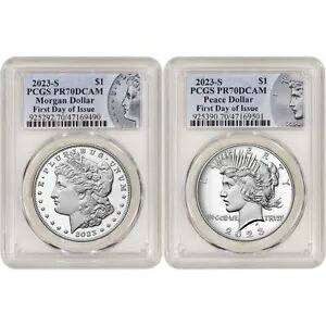 2023 S US 2 コイン モーガンとピース シルバー ダラー プルーフ セット PCGS PR70 初日は