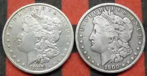 モーガン シルバー ダラー 2 枚、アメリカ合衆国 $1 コイン 2 枚、1887 年および 1900 年 O