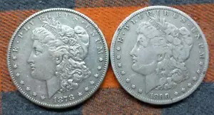モーガン シルバー ダラー 2 枚、アメリカ合衆国 $1 コイン 2 枚、1878 S および 1890 O