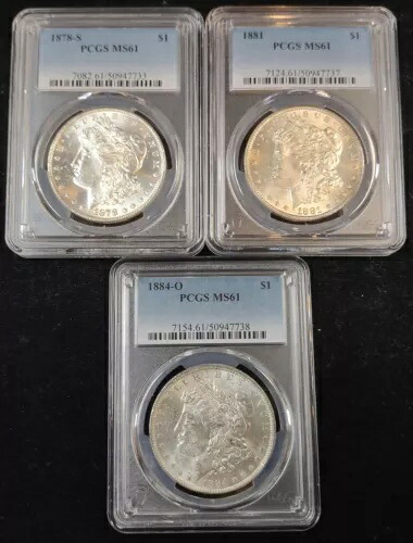 $1 モーガン シルバー ダラー 1878-S、1881 & 1884-O すべて PCGS MS61 3 ピース アベニューコイン