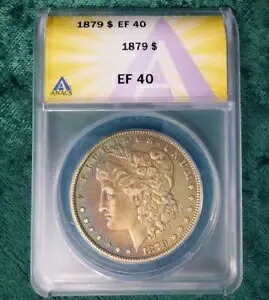 1879 ANACS EF40 モーガン シルバー ダラー、米国シルバー 1 ドル コイン、カラートーン、ブルー、ピンク