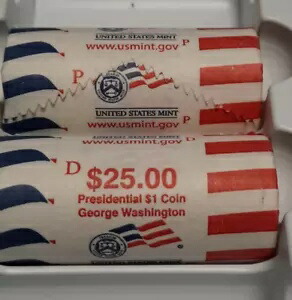 2007 米国造幣局 P&D ジョージ ワシントン大統領 $1 25 コイン ロール、オリグ付き。ラッパー