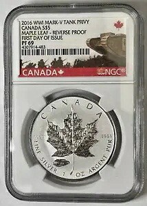 2016 カナダ メープル リーフ .9999 シルバー $5 NGC PF-69 発行初日 WWI Mark-V T