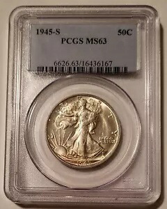 1945 S ウォーキング リバティ ハーフダラー MS63 PCGS ライトトーニング